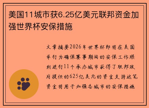 美国11城市获6.25亿美元联邦资金加强世界杯安保措施